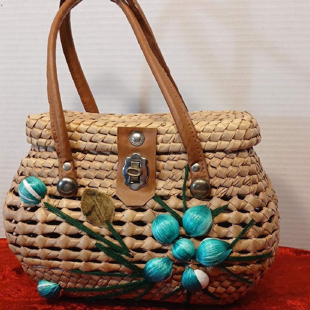 Elegant Woven Satchel with Teal Floral Design